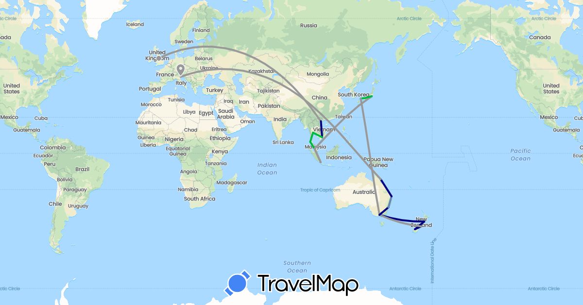 TravelMap itinerary: driving, bus, plane, cycling in Australia, United Kingdom, Indonesia, Italy, Japan, Malaysia, New Zealand, Thailand, Vietnam (Asia, Europe, Oceania)